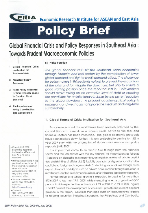 Global Financial Crisis and Policy Responses in Southeast Asia : Towards Prudent Macroeconomic Policies