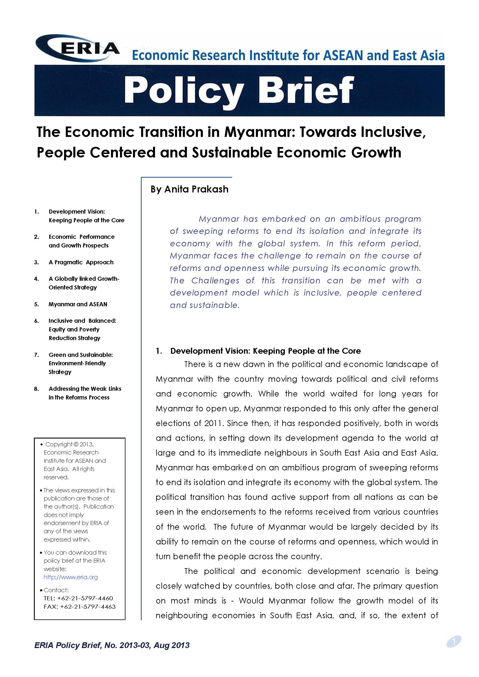 The Economic Transition in Myanmar: Towards Inclusive, People Centered and Sustainable Economic Growth