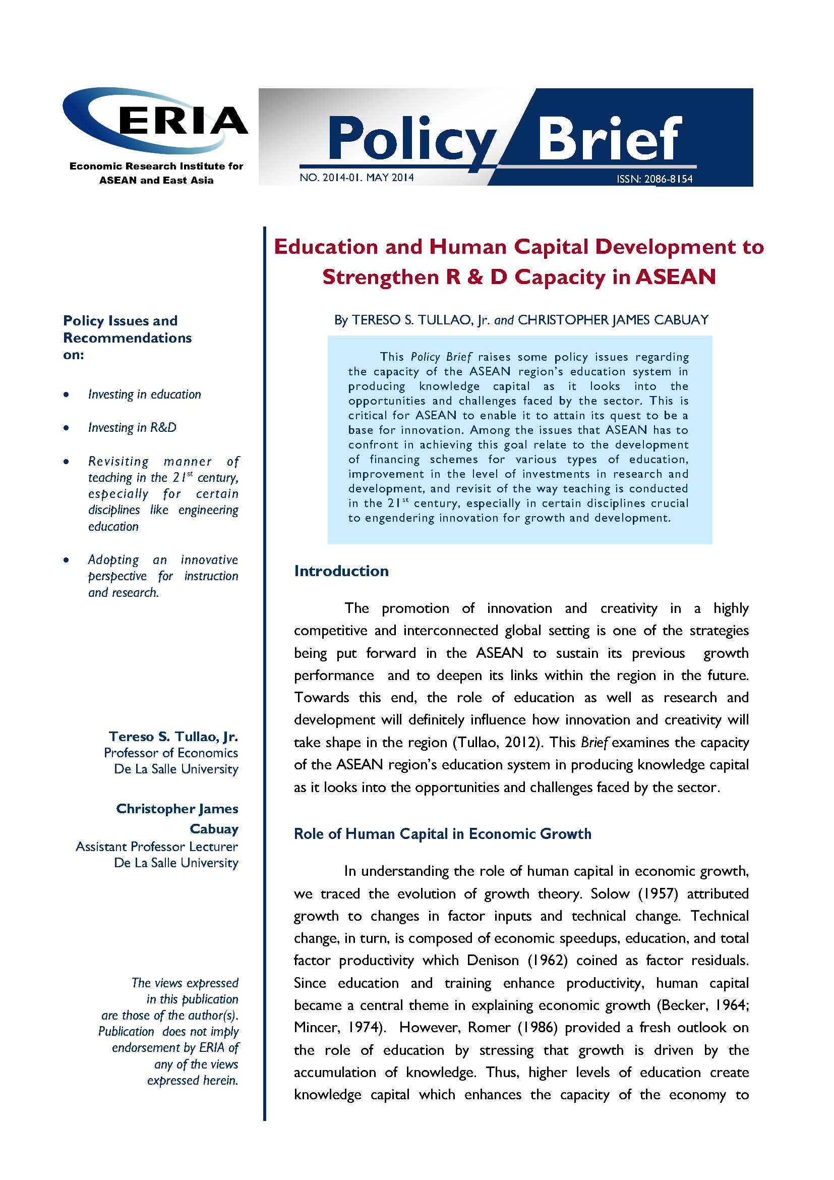 Education and Human Capital Development to Strengthen R & D Capacity in ASEAN