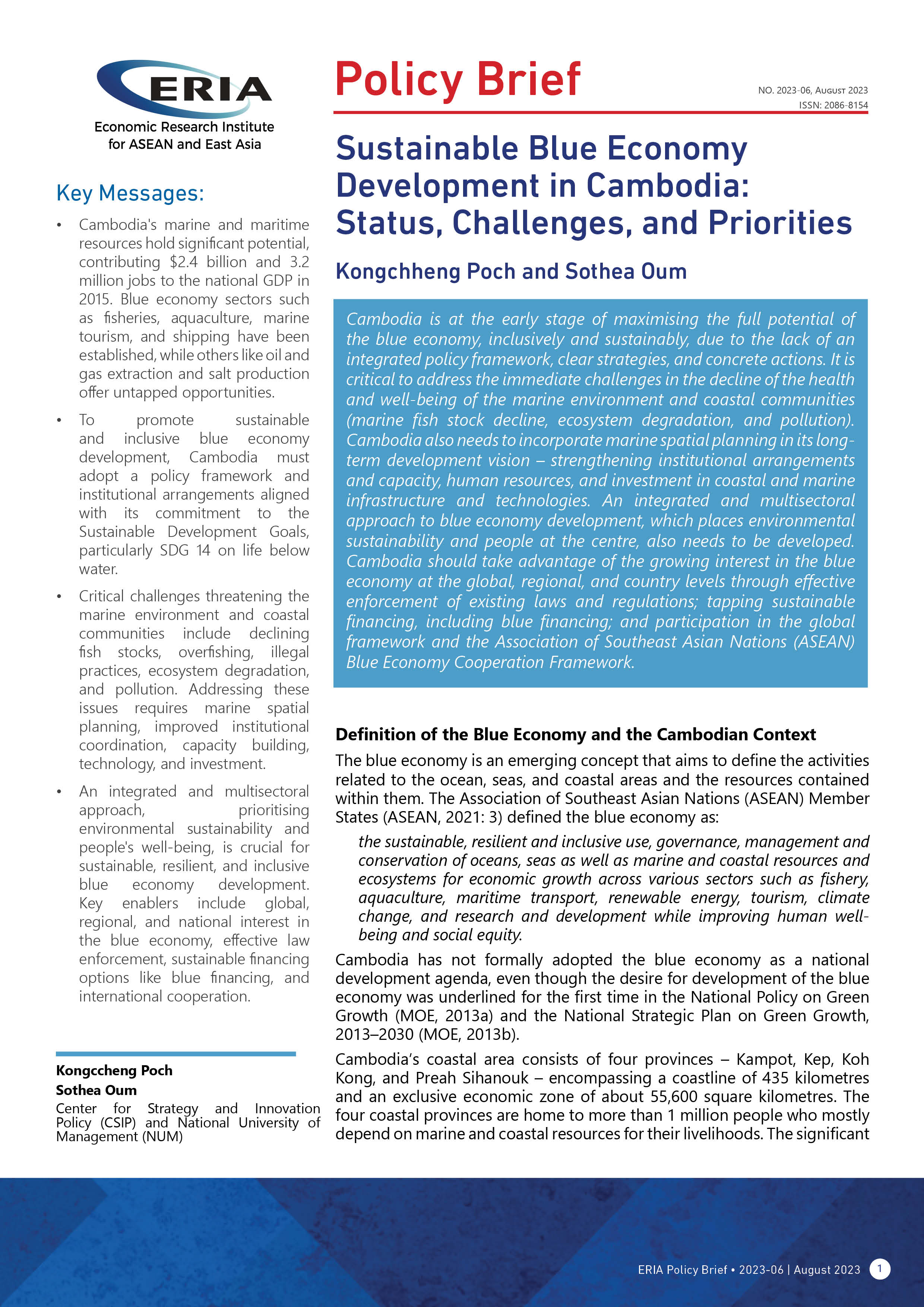 Sustainable Blue Economy Development in Cambodia: Status, Challenges, and Priorities