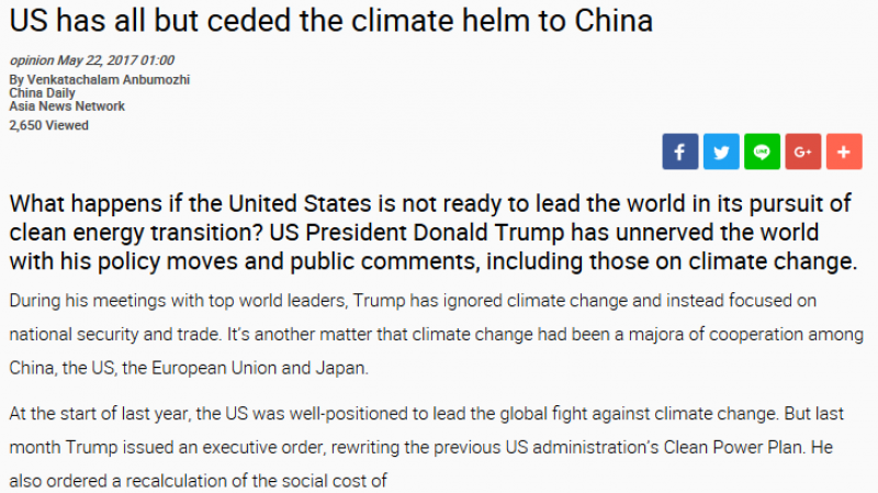 Opinion Piece - US has all but ceded the climate helm to China