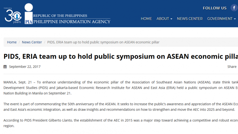 Article - PIDS, ERIA team up to hold public symposium on ASEAN economic pillar
