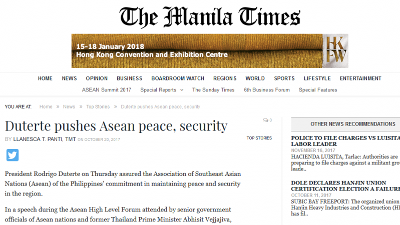 Article - Duterte pushes Asean peace, security